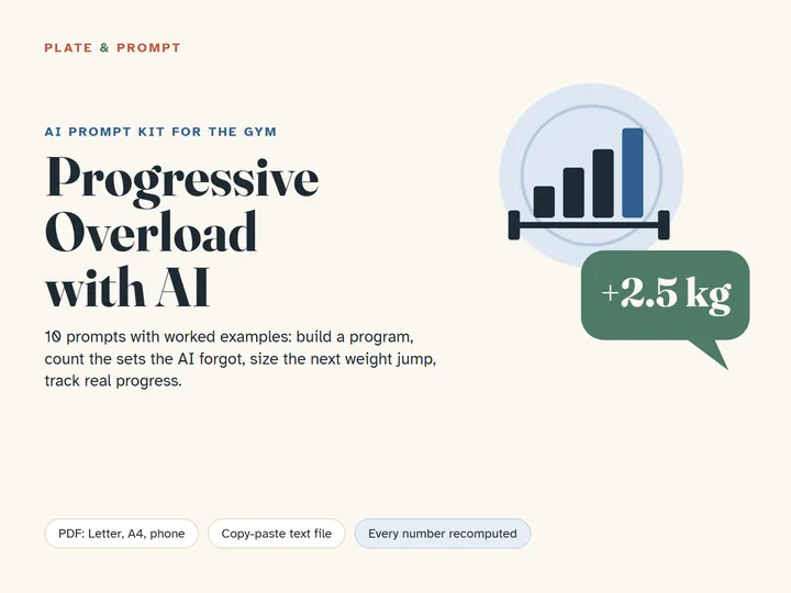 Cover of Progressive Overload with AI: a barbell bar chart and a plus 2.5 kg speech bubble